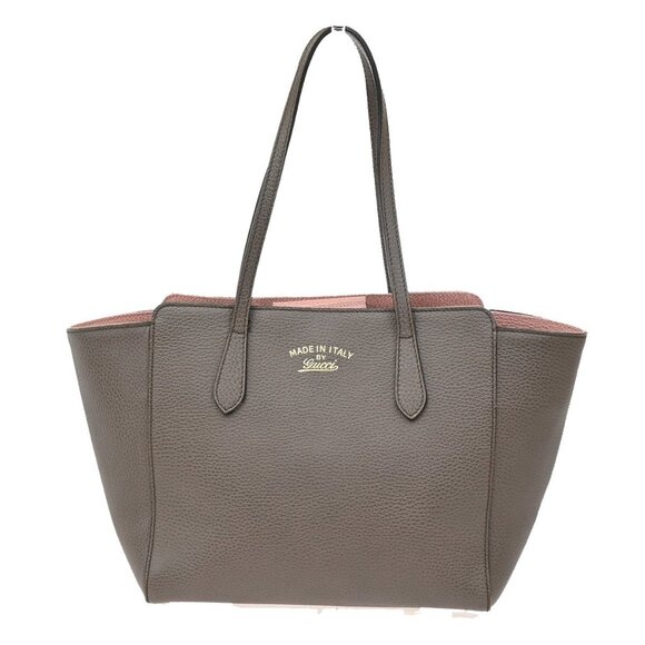 GUCCI Logo Swing Shoulder Tote Bag Leather Brown Pink GHW Italy - Picture 1 of 16